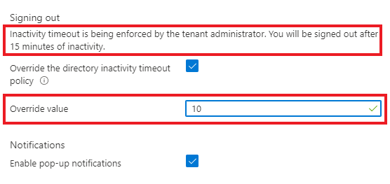 Captura de pantalla en la que se muestra la configuración de invalidación del tiempo de espera de inactividad del directorio.