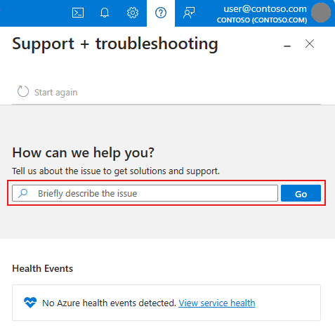 Captura de pantalla del menú Ayuda en el encabezado global de Azure Portal.