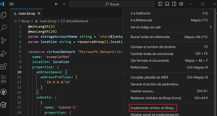 Captura de pantalla de Implementar archivo de Bicep.