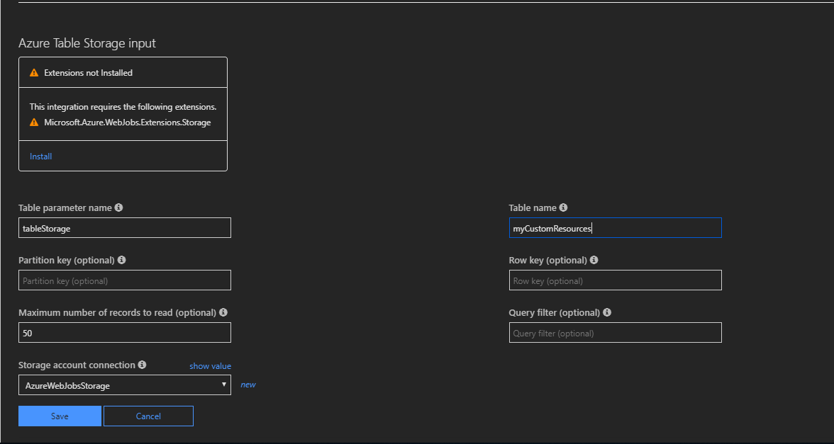 Captura de pantalla de la pestaña Integración de Azure Functions que muestra la configuración de enlaces de Azure Table Storage.