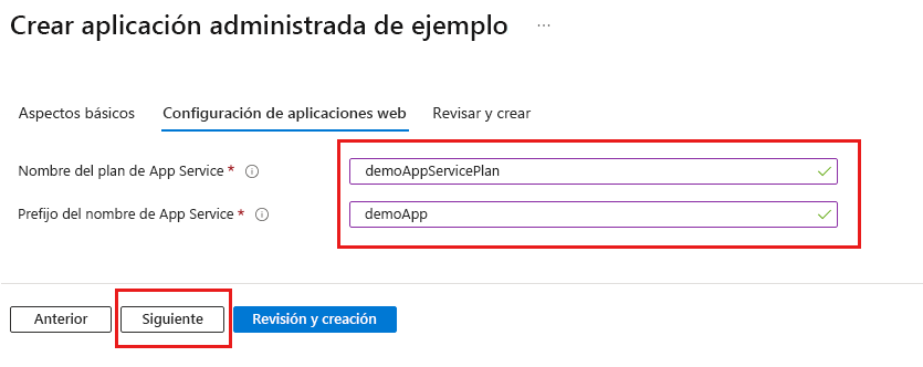 Captura de pantalla que resalta la información requerida en la pestaña Configuración de la aplicación web.