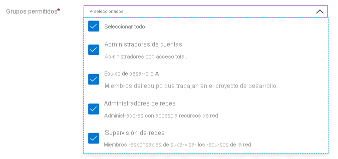 Captura de pantalla del elemento de interfaz de usuario Microsoft.Common.DropDown con la selección múltiple habilitada y descripciones de los elementos.