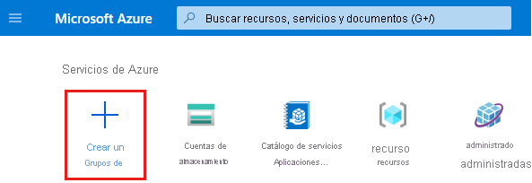 Captura de pantalla de la página principal del portal de Azure con Crear un recurso destacado.