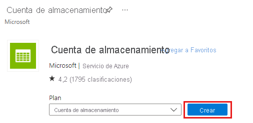 Captura de pantalla de la página cuentas de almacenamiento con el botón Crear resaltado.