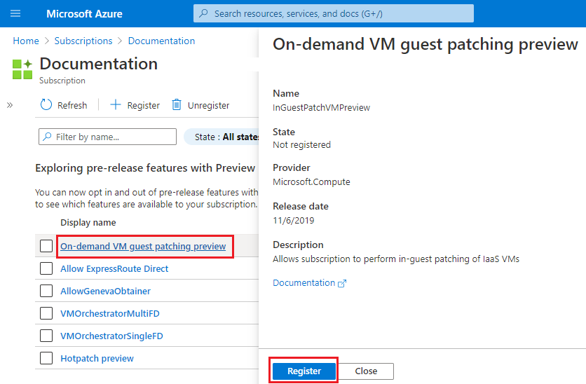 Captura de pantalla de Azure Portal con el botón Registrarse para una característica en vista previa.