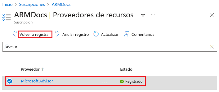 Captura de pantalla de la acción de registrar nuevamente a un proveedor de recursos en Azure Portal.