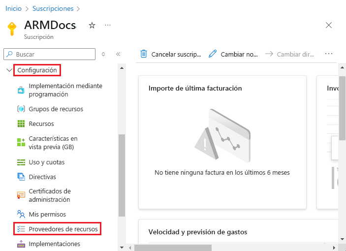 Captura de pantalla de la selección de proveedores de recursos en Azure Portal.