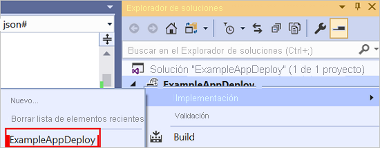 Captura de pantalla del menú contextual del proyecto de implementación con las opciones Implementar y el grupo de recursos utilizado anteriormente resaltados.