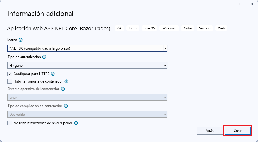 Captura de pantalla de la ventana Nueva aplicación web ASP.NET Core con la opción Aplicación web seleccionada.