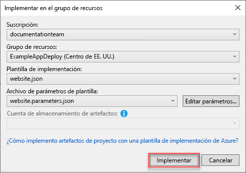 Captura de pantalla del cuadro de diálogo Implementar en grupo de recursos de Visual Studio.