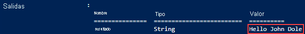 Captura de pantalla de la salida del script Hola mundo de implementación de la plantilla de Resource Manager.