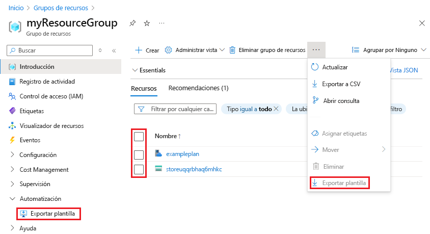 Captura de pantalla que muestra la selección de todos los recursos para exportarlos en Azure Portal.