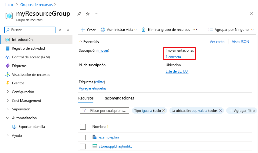 Captura de pantalla que muestra el historial de implementación seleccionado en Azure Portal.