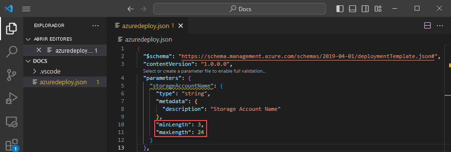 Captura de pantalla que muestra cómo se agregan minLength y maxLength a un parámetro de la plantilla de Resource Manager.