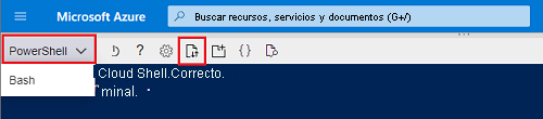 Captura de pantalla de Azure Cloud Shell en PowerShell con la opción de cargar un archivo.