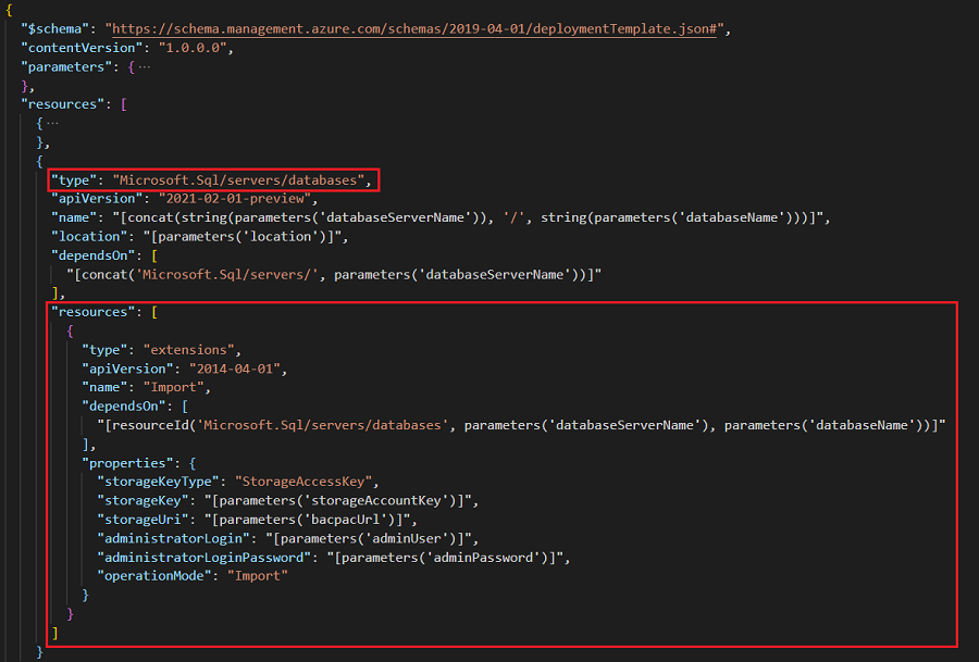 Captura de pantalla de la plantilla con extensión a SQL Database.