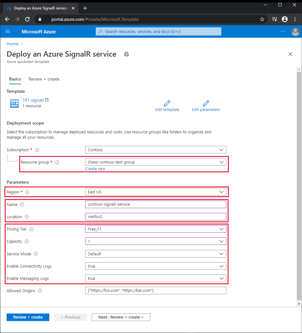 Captura de pantalla de la plantilla de Resource Manager para crear una instancia de Azure SignalR Service en Azure Portal.