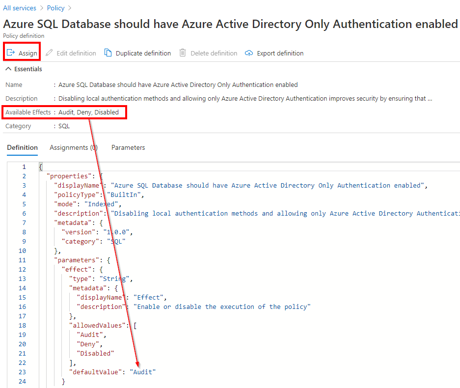 Captura de pantalla de la asignación de Azure Policy para la autenticación exclusiva de Azure AD