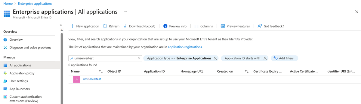 Captura de pantalla de la configuración de la aplicación empresarial en Azure Portal.