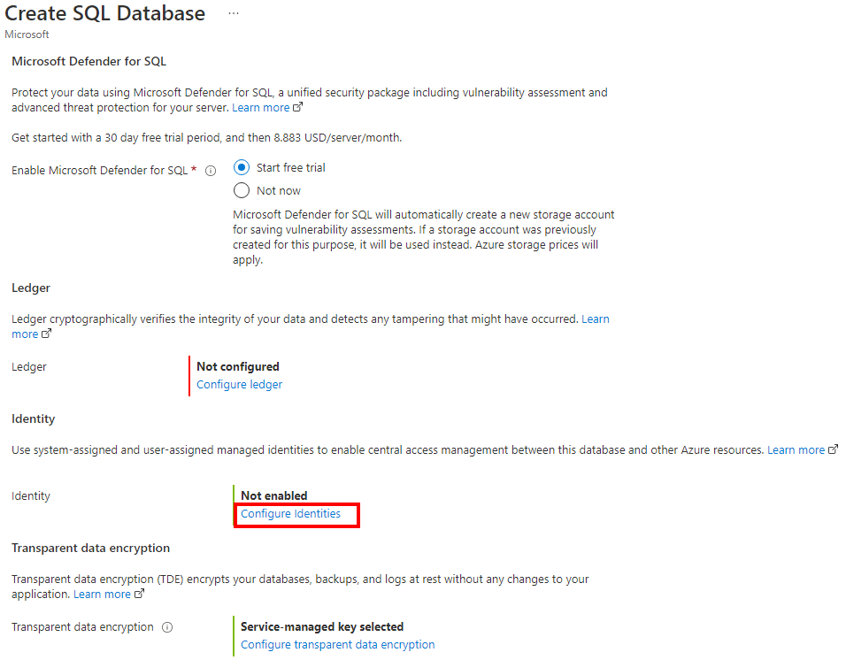 Captura de pantalla de la configuración de seguridad del portal de Azure del proceso de creación de una base de datos.