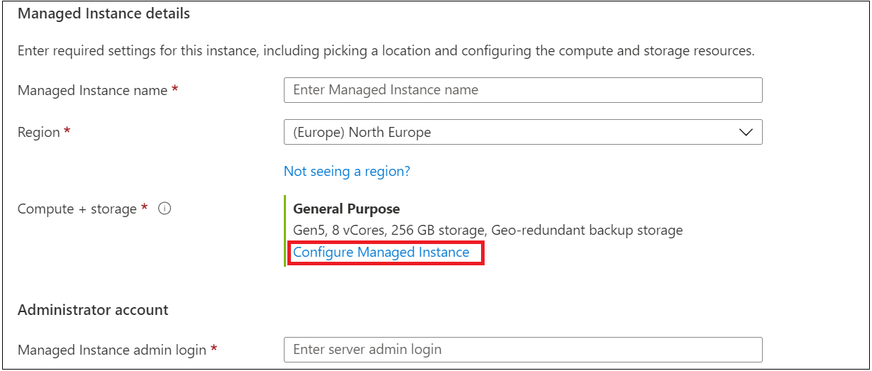 Captura de pantalla del panel para configurar la redundancia del almacenamiento de seguridad en el Azure Portal para una instancia administrada.