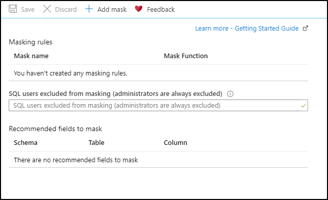 Captura de pantalla que muestra la página de configuración de Enmascaramiento dinámico de datos.