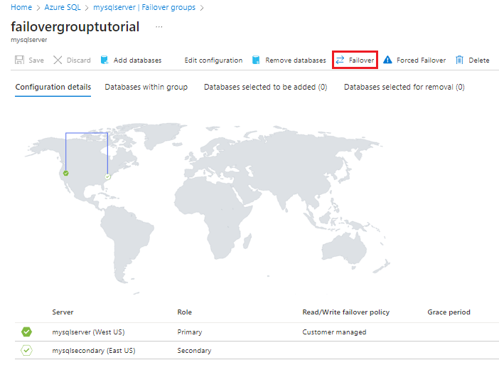 Captura de pantalla de la página Grupo de migración tras error en Azure Portal con la migración tras error seleccionada.