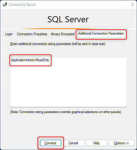 Captura de pantalla que muestra los parámetros de conexión adicionales de SSMS.