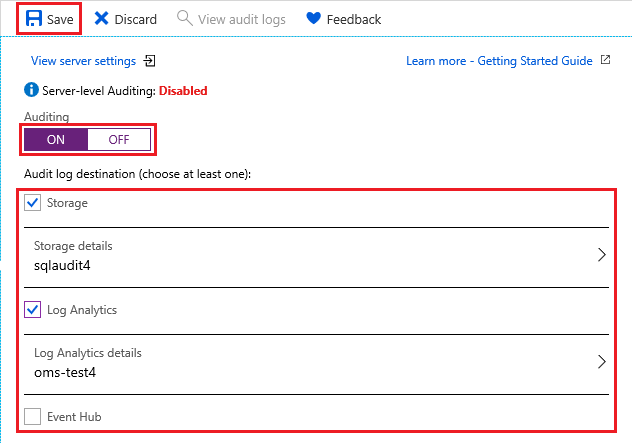 Captura de pantalla de la página Configuración de auditoría de Azure Portal. El botón Guardar está resaltado. Los campos de destino del Registro de auditoría están resaltados.