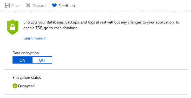 Captura de pantalla de la página de Azure Portal para habilitar el Cifrado de datos transparente.