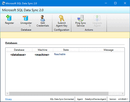 Captura de pantalla de la aplicación Microsoft SQL Data Sync 2.0 que muestra que la base de datos y la máquina de SQL Server están ahora registradas.