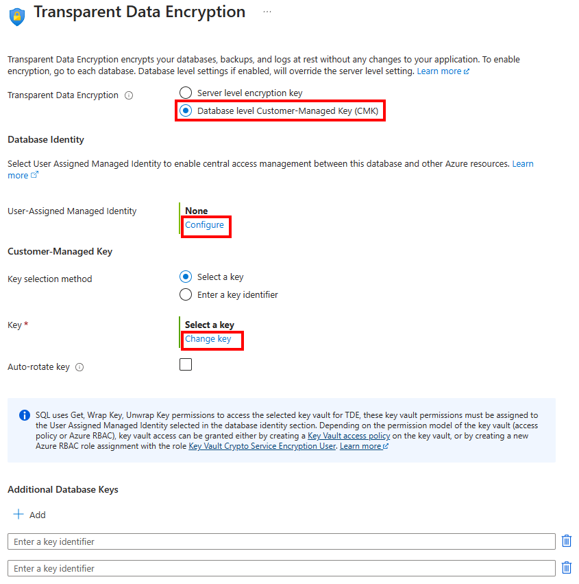 Captura de pantalla del menú de cifrado de datos transparente de Azure Portal.