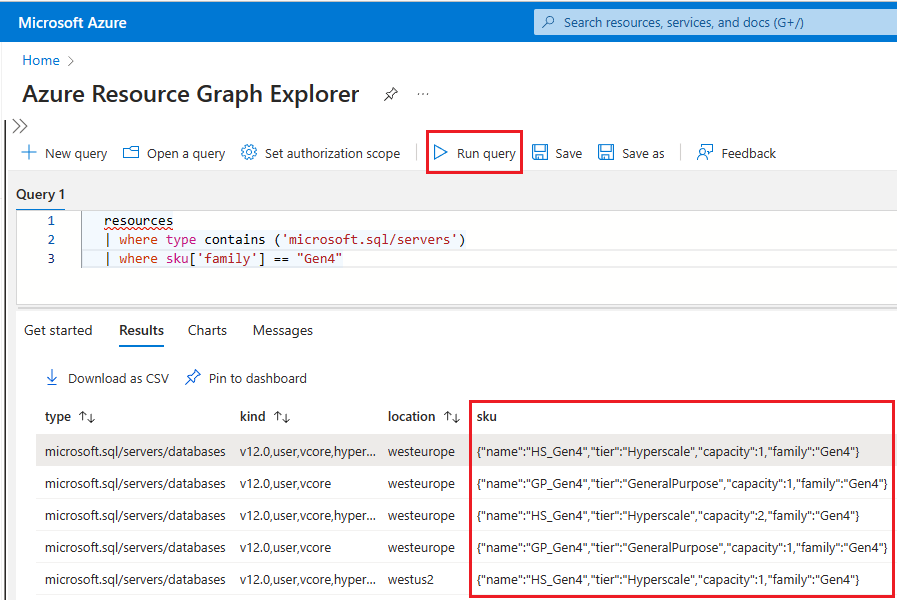 Captura de pantalla del Explorador de Azure Resources Graph en Azure Portal que muestra los resultados de la consulta para identificar el hardware gen4.