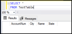 Captura de pantalla de la pestaña de resultados del Explorador de objetos de SSMS que muestra los encabezados de columna de la tabla: AccountNum, City, Name y State.