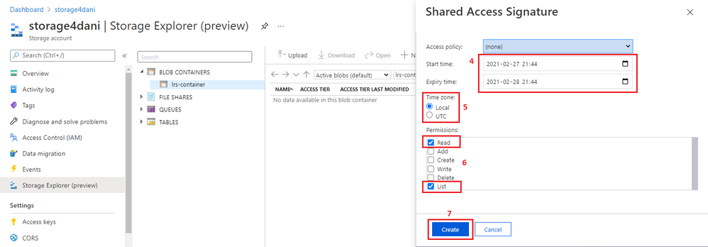 Captura de pantalla que muestra las opciones seleccionadas para la expiración del token de SAS, la zona horaria y los permisos, junto con el botón Crear.