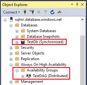 Captura de pantalla que muestra el estado de la base de datos SQL Managed Instance y el grupo de disponibilidad distribuido.