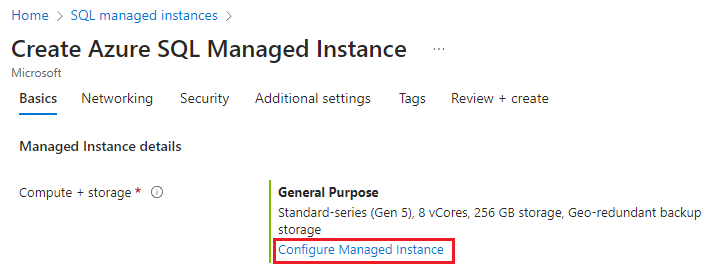 Captura de pantalla de la creación de una nueva instancia administrada en el Azure Portal, con la opción Configurar Instancia administrada seleccionada.