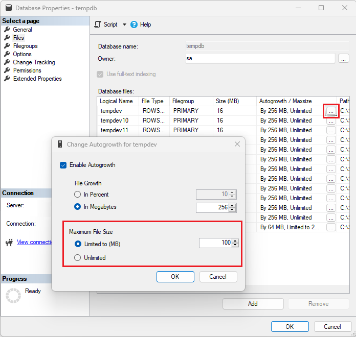 Captura de pantalla del cuadro del cambio del diálogo del crecimiento automático en SSMS, con el tamaño de archivo máximo resaltado. 