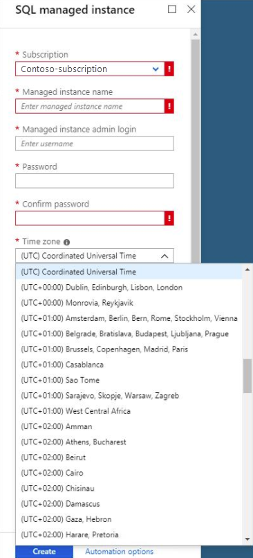 Configuración de una zona horaria durante la creación de la instancia