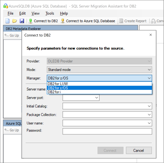 Captura de pantalla que muestra las opciones para conectarse a la instancia de Db2.