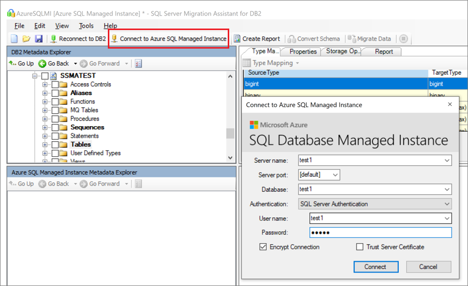 Captura de pantalla que muestra la información necesaria para conectarse a SQL Server.