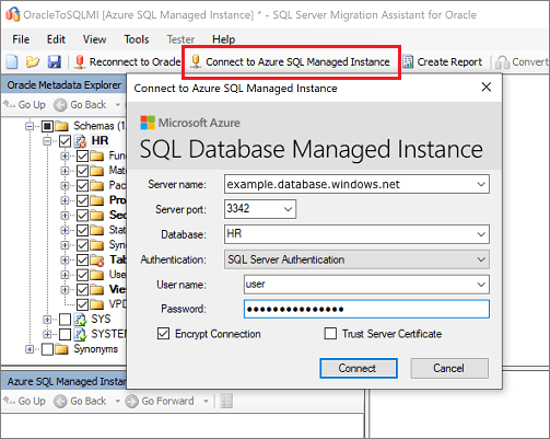 Captura de pantalla que muestra la pestaña Conectarse a Azure SQL Managed Instance.