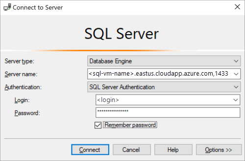 Captura de pantalla que muestra los detalles necesarios para conectarse a SQL Server en una VM de Azure.