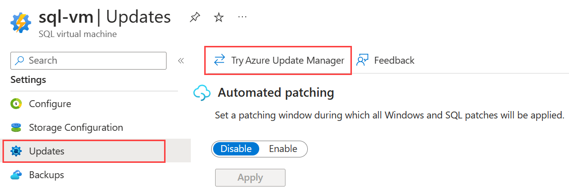 Captura de pantalla de la página de actualizaciones del recurso máquinas virtuales Windows SQL en Azure Portal con Probar Azure Update Manager resaltado.