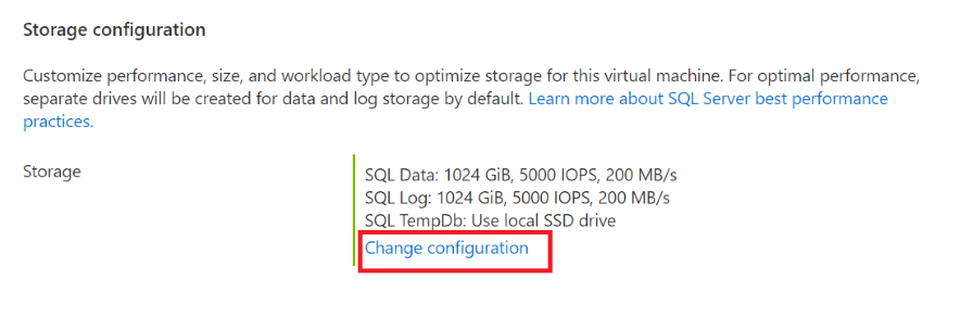 Captura de pantalla de Azure Portal en la que se muestra la configuración de almacenamiento actual y el botón para cambiar la configuración.