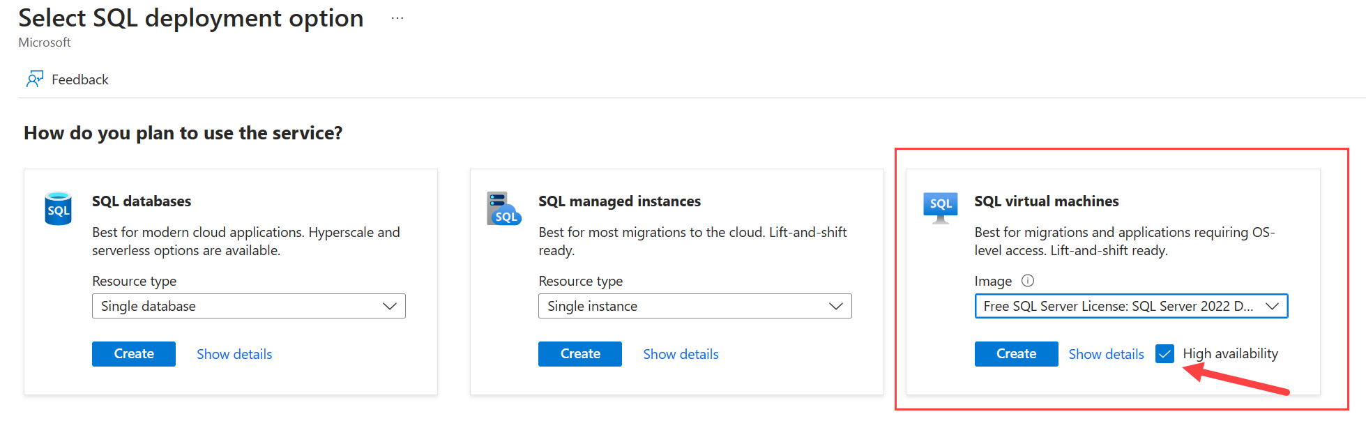 Captura de pantalla de Azure Portal en la que se muestra la página para seleccionar una opción de implementación de SQL Server, con alta disponibilidad seleccionada. 