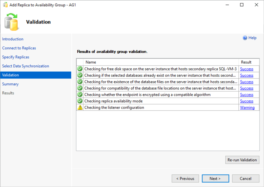 Captura de pantalla de la página que muestra los resultados de la validación del grupo de disponibilidad en SSMS.