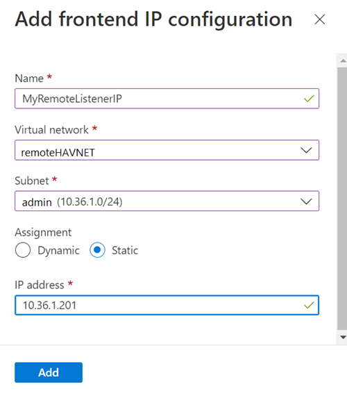 Captura de pantalla de Azure Portal en la que se muestra el cuadro de diálogo para agregar una configuración de IP de front-end.