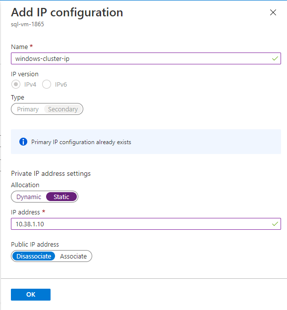 Para agregar la dirección IP del clúster, escriba una dirección IP usada en la subred de la primera máquina virtual de SQL Server.