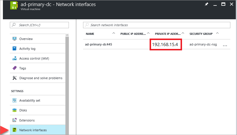 Captura de pantalla de una dirección IP privada que se muestra en Azure Portal.